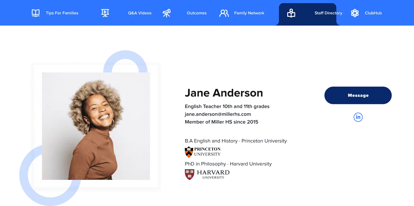 Photo of teacher with her name and information about her