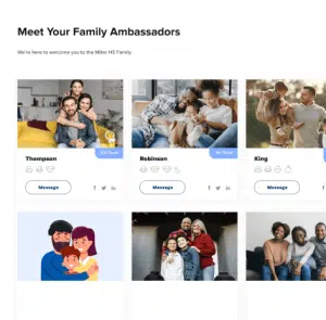 "Meet Your Family Ambassadors" text with images and profiles of each family