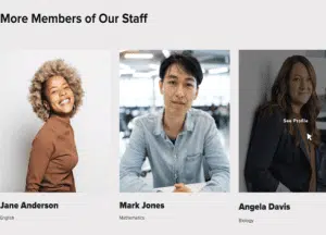 "More Members of Our Staff" text with pictures of three teachers, their names