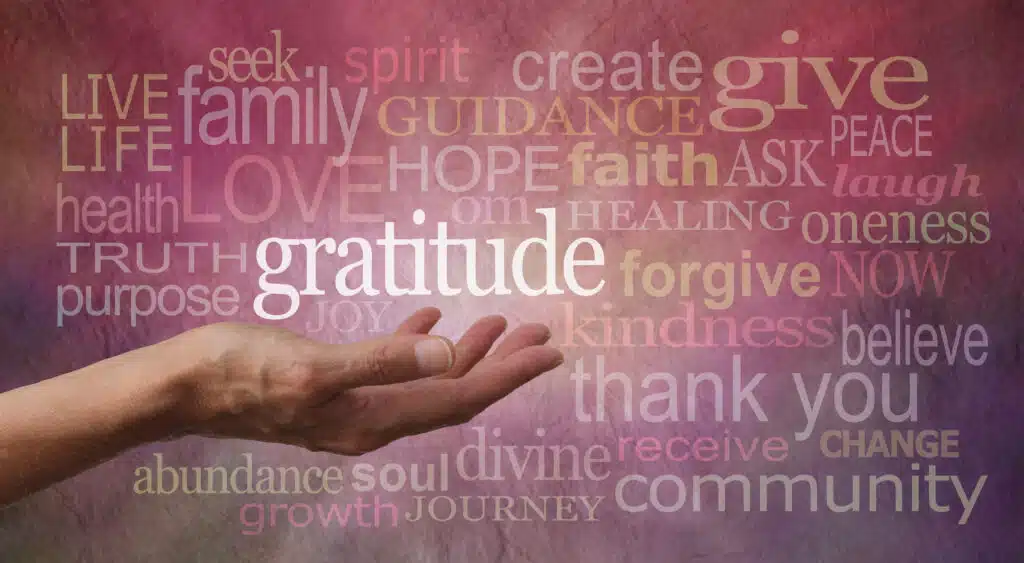 Word collage surrounding "gratitude"