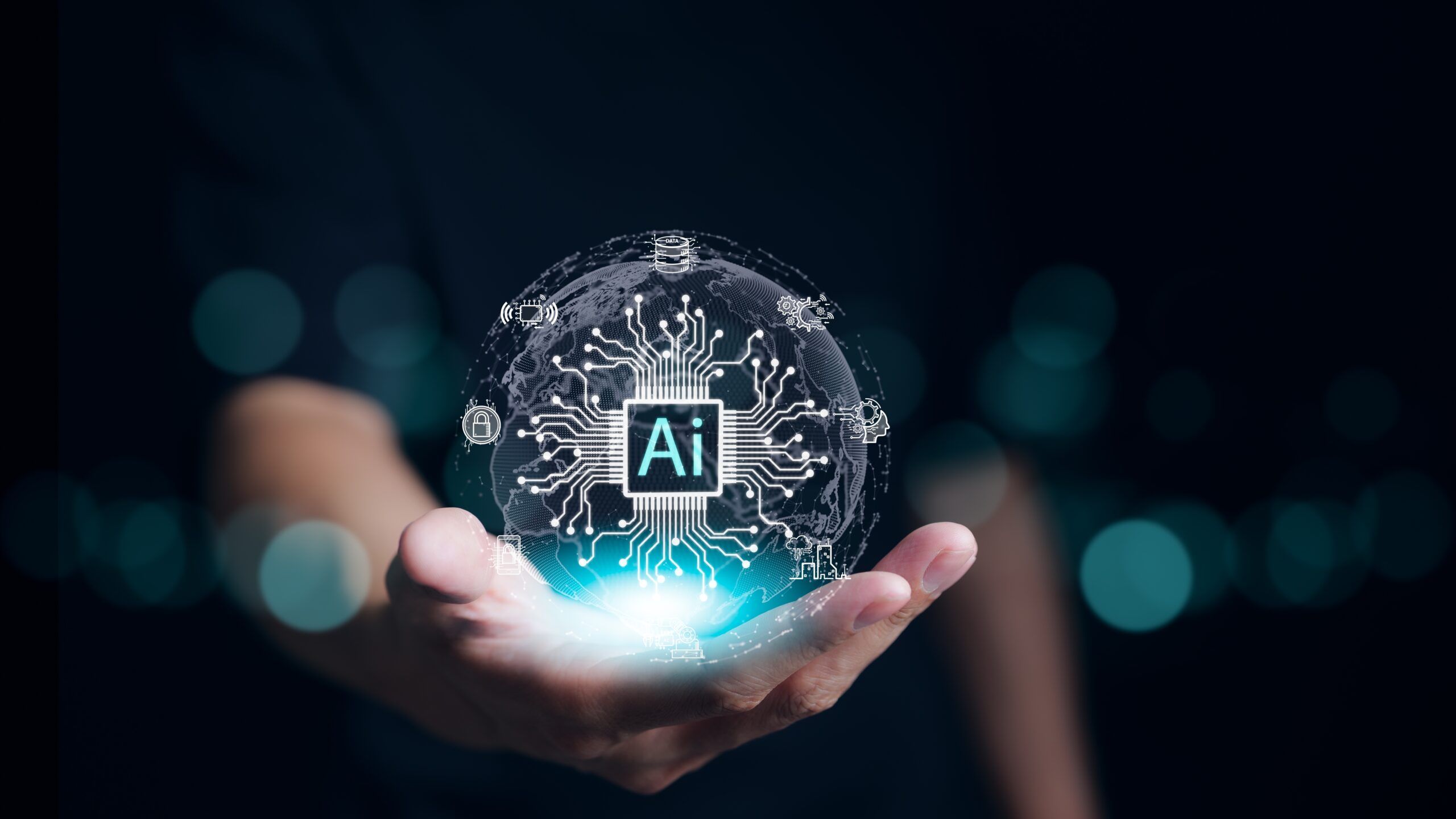 Hand holding digital image reading "AI"